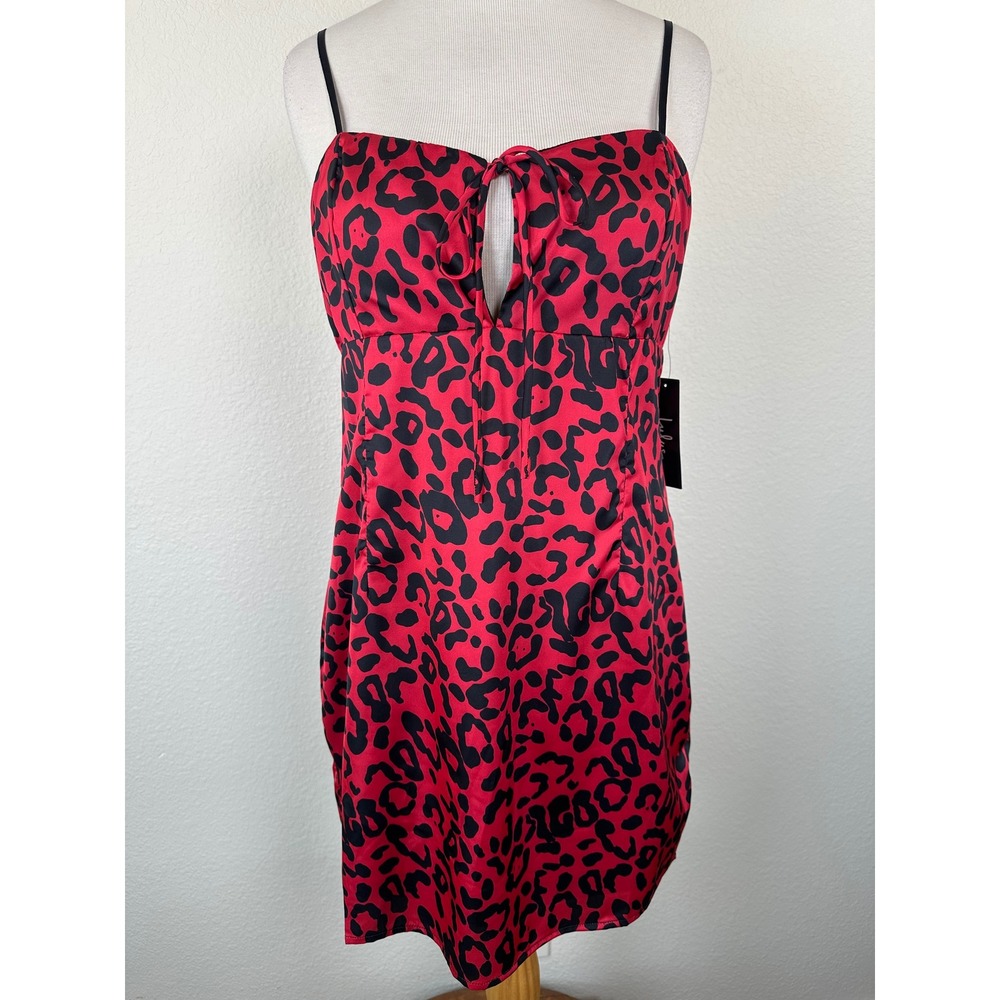 Lulus Red Leopard Satin Mini Dress Sweetheart Tie Front Slip Babydoll L NWT